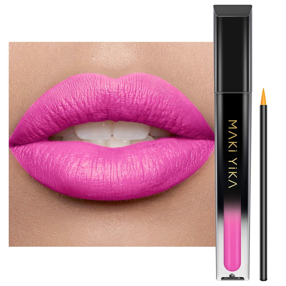 MAKI YIKA front packaging showing pink matte lipstick, clear product identity and benefit