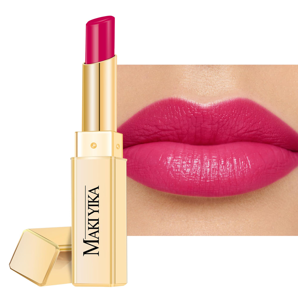 MAKI YIKA front packaging showing bright pink glossy tube and branding benefits