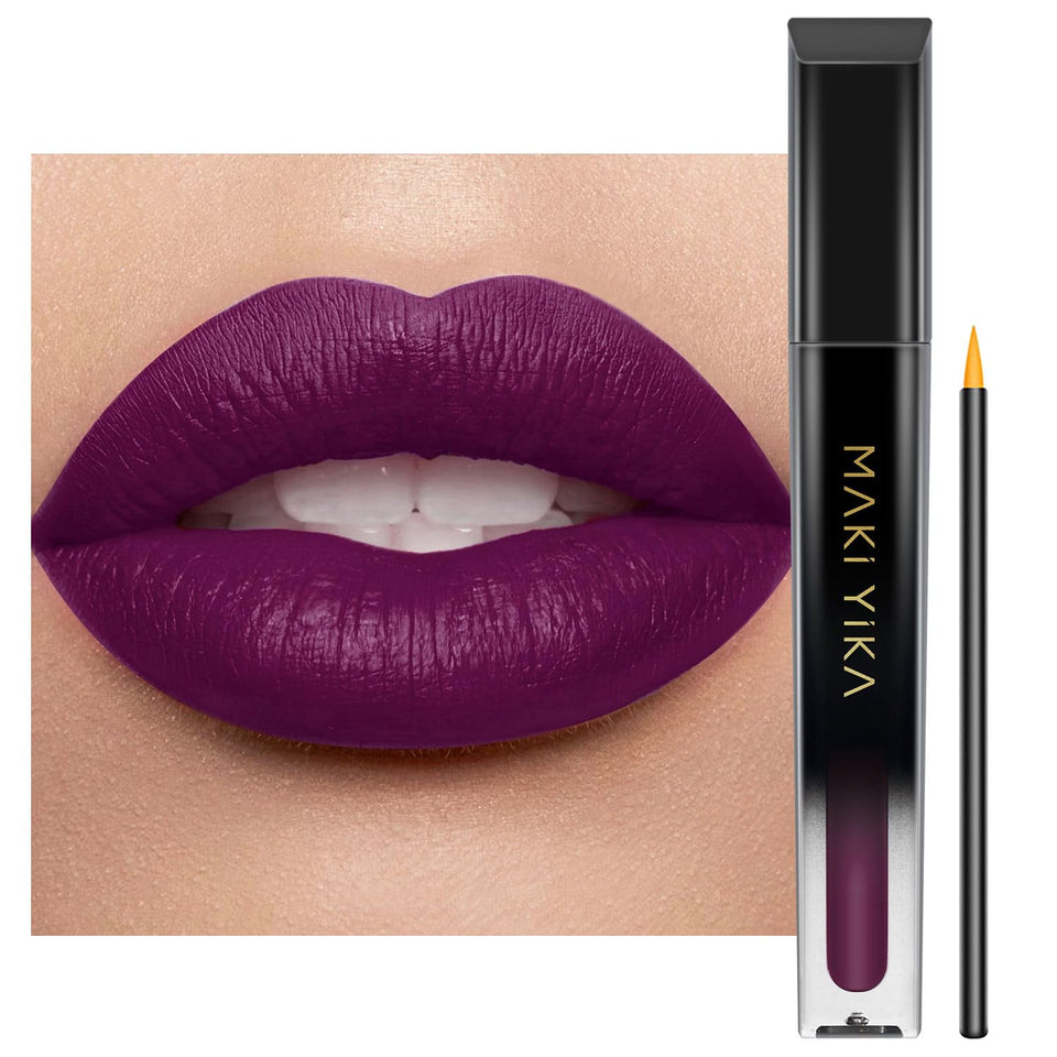 MAKI YIKA tube front view showing deep plum shade and product name for bold color