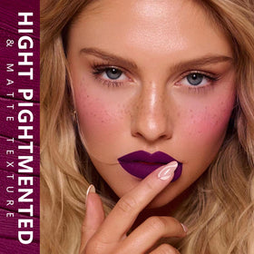 MAKI YIKA lip swatch on model lips showing dramatic purple and long-lasting wear