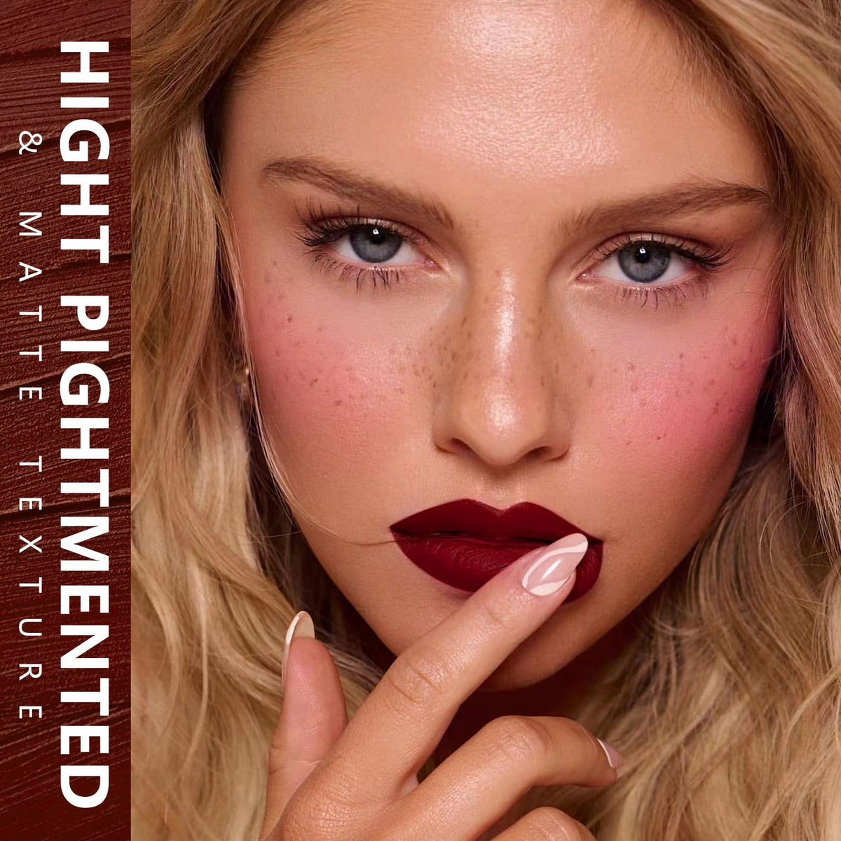 MAKI YIKA lip swatch on model showing full-face look and long-wear effect