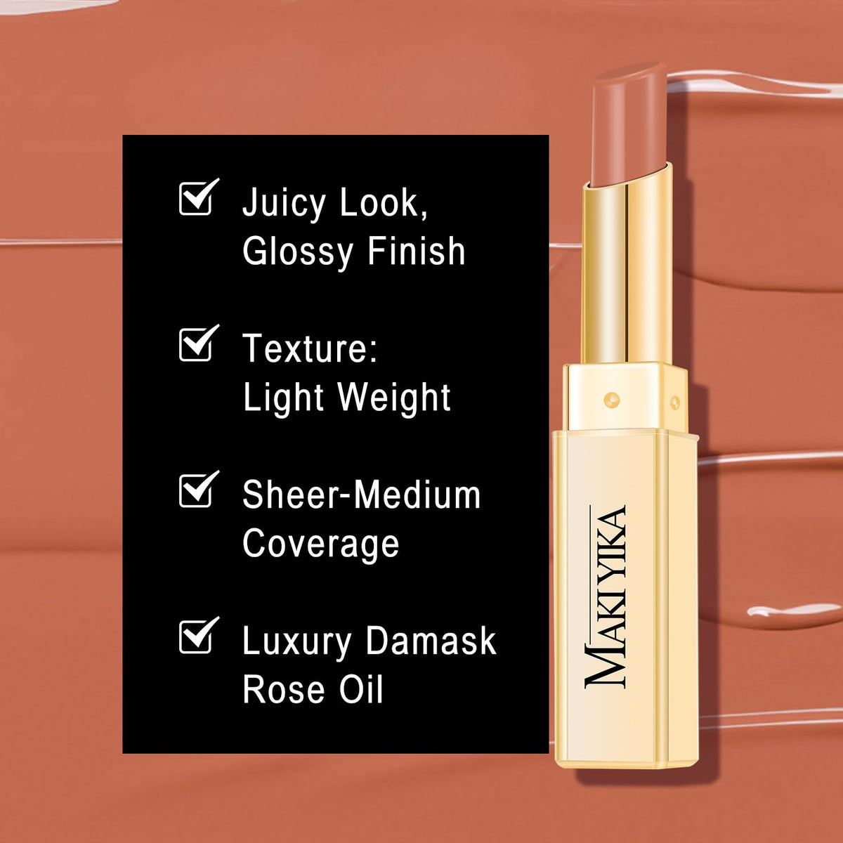 MAKI YIKA lip swatch on model wearing fair nude illustrating natural look benefit: flattering tone
