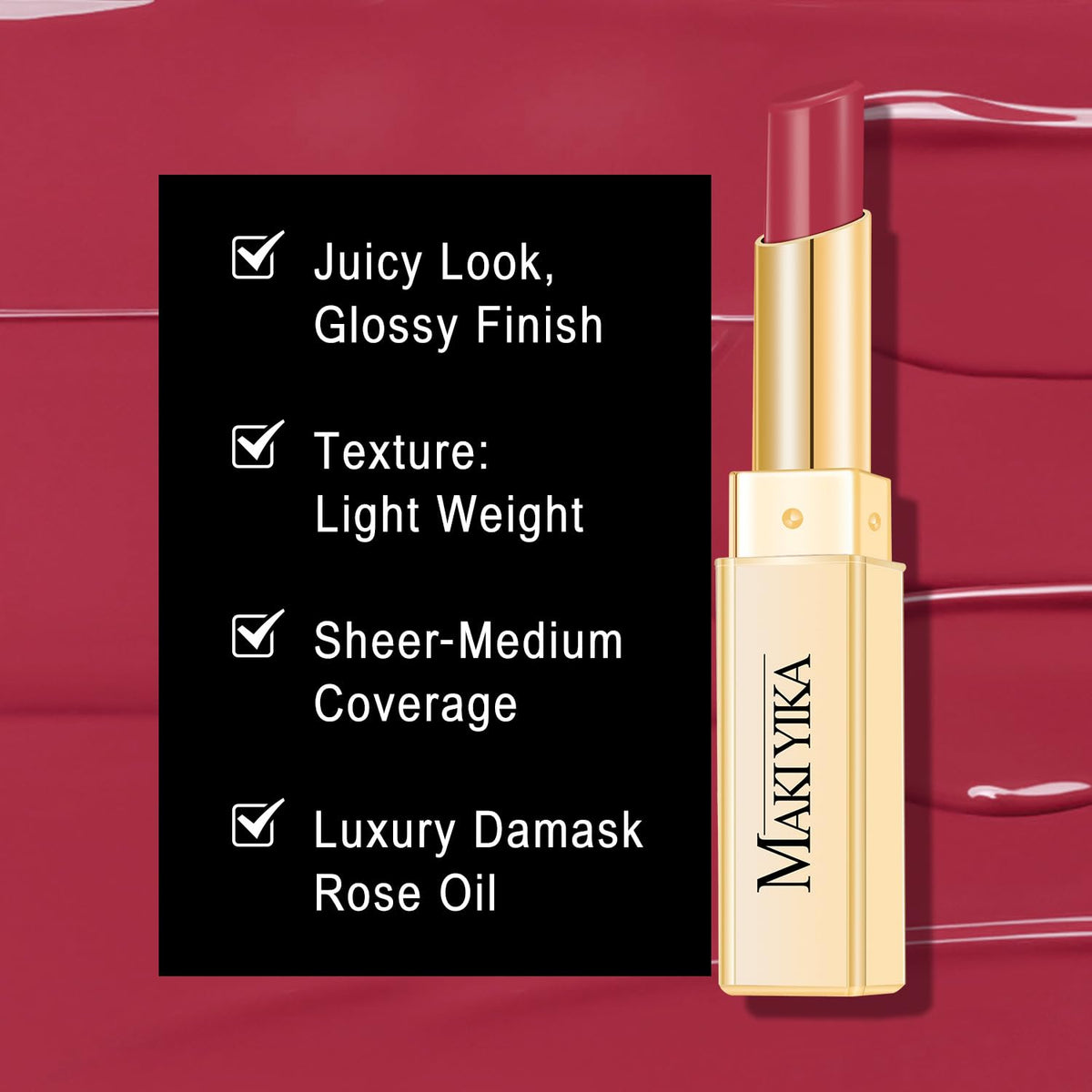 MAKI YIKA model wearing Yummy Berry showing natural glossy color and confidence benefit