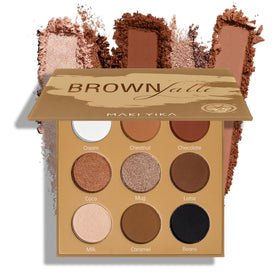 MAKI YIKA front view of nine-color brown eyeshadow palette showing shade variety and travel-ready size