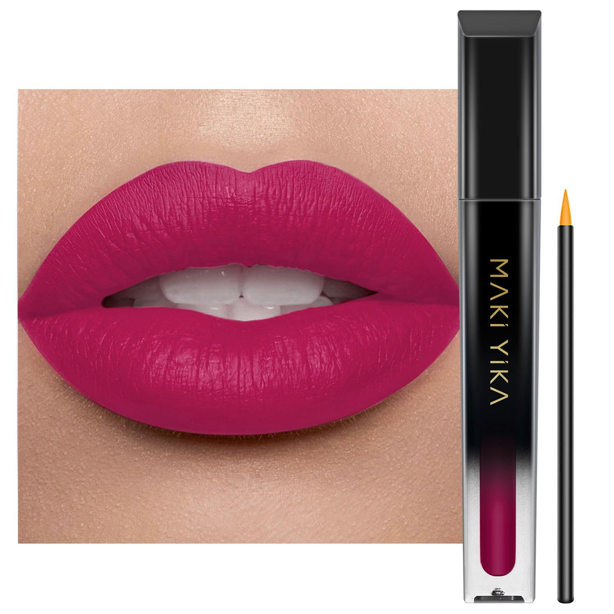 MAKI YIKA front view of rose pink tube shows shade and packaging benefit