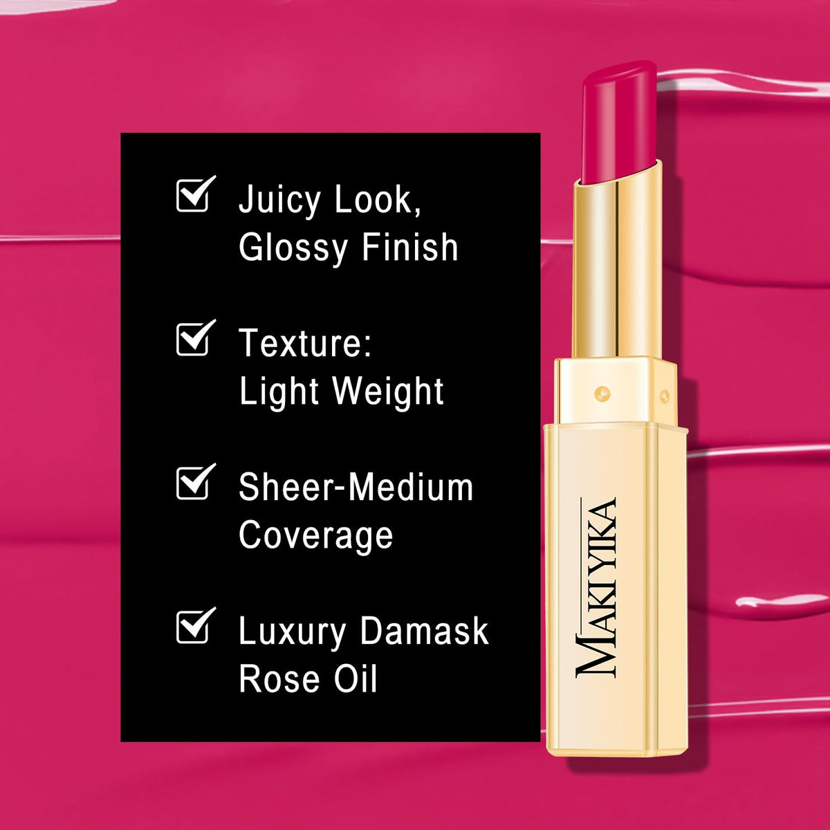 MAKI YIKA swiped on lips showing sheer vibrant pink and glossy shine