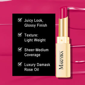 MAKI YIKA swiped on lips showing sheer vibrant pink and glossy shine