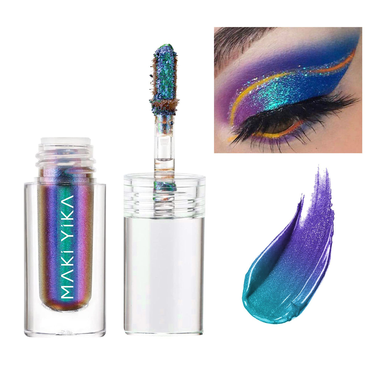 MAKI YIKA front packaging showing teal multichrome bottle and brand, highlights bold metallic color