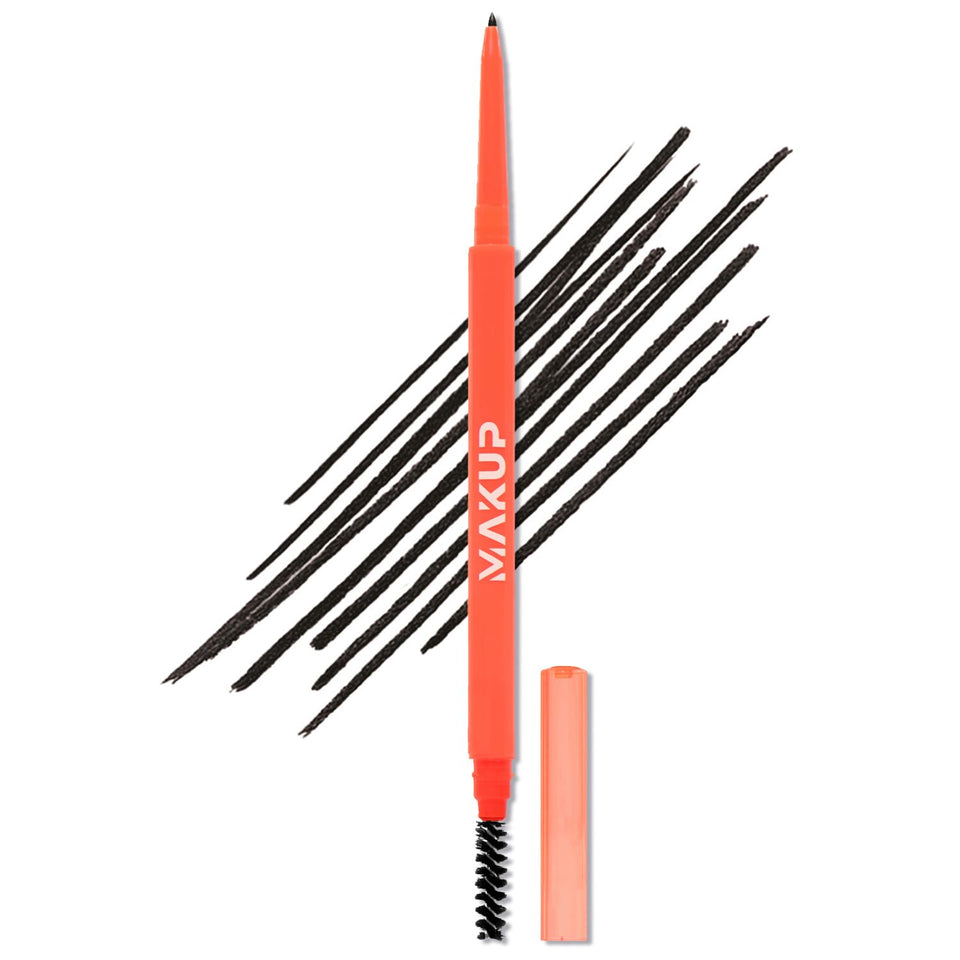 Makup Beauty pencil front view showing sleek packaging and shade Caviar for neat brows