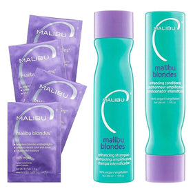 Malibu C front packaging for brightening blondes, shows complete set and benefits