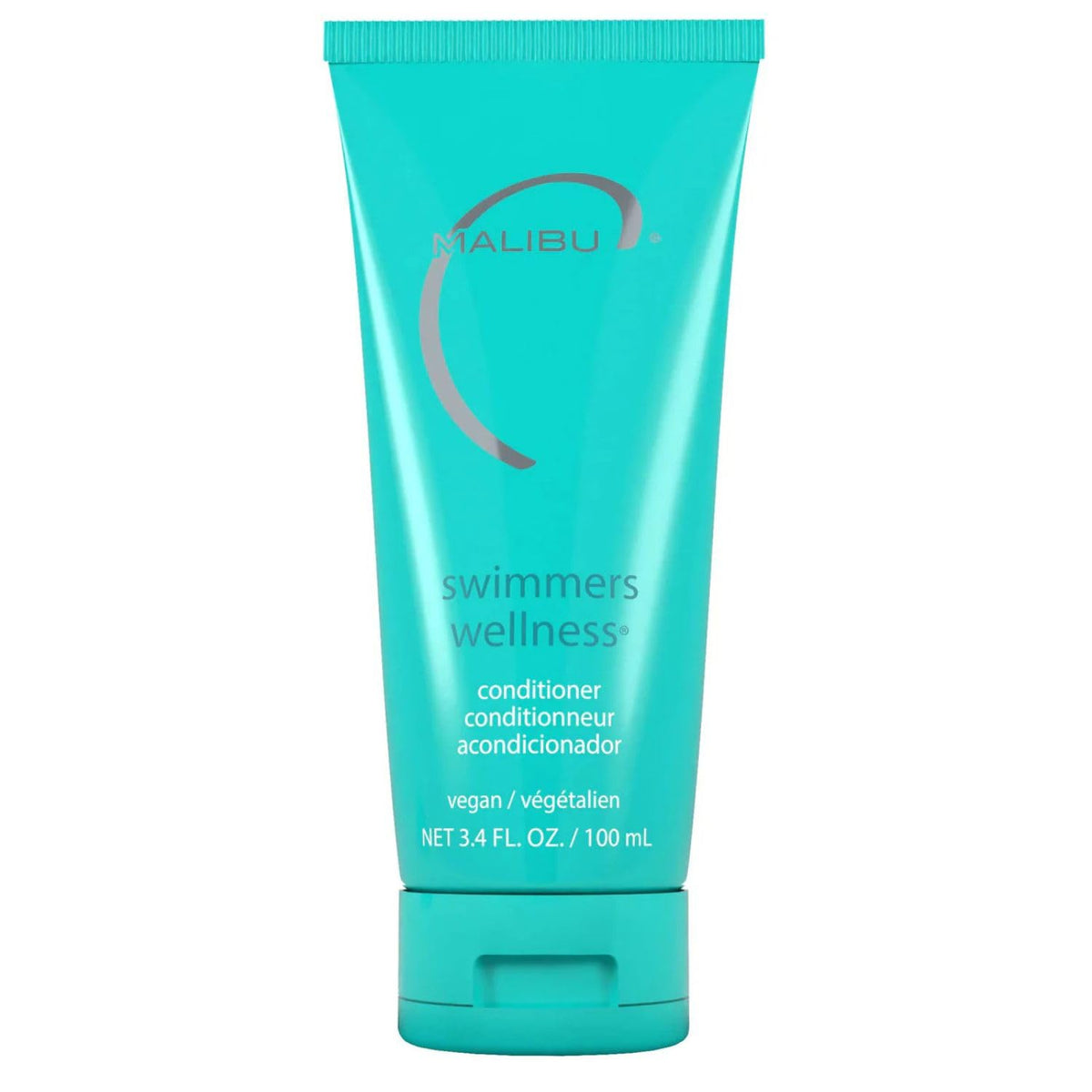 Malibu C front packaging of swimmers conditioner shows compact travel bottle for convenience