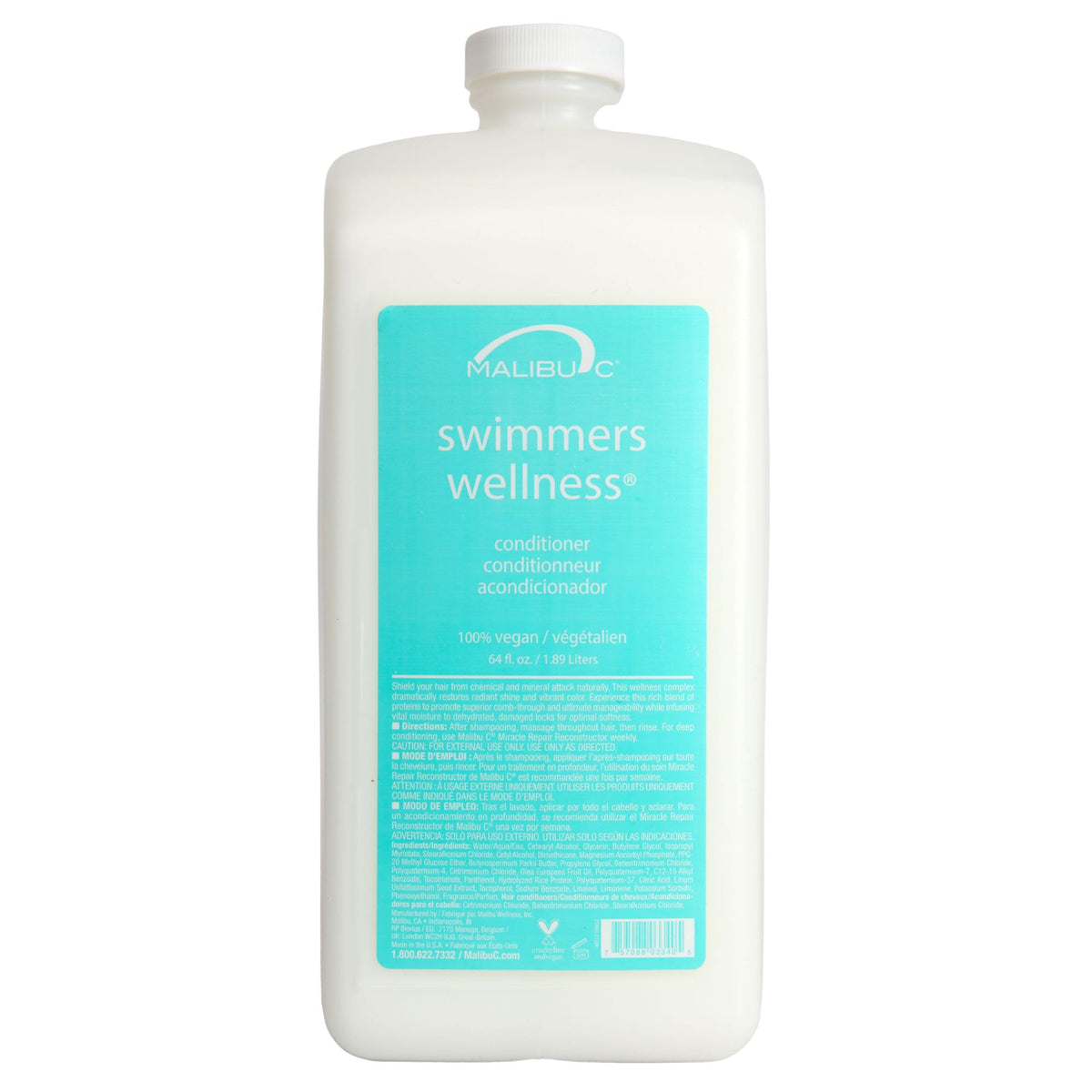 Malibu C front packaging showing 64oz bottle and product benefits for swimmers