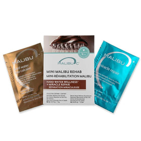 Malibu C front view of two Mini Rehab packets showing travel-friendly packaging and benefits