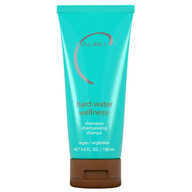 Malibu C travel bottle front view showing compact chelating shampoo and convenience