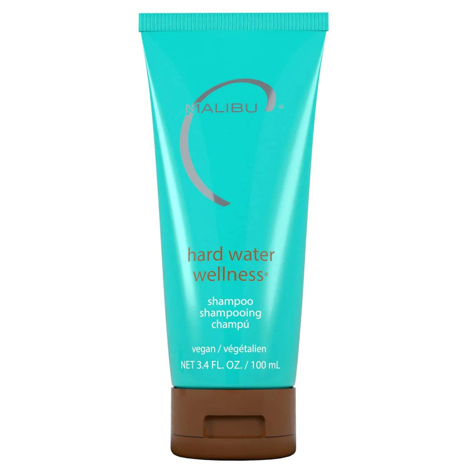 Malibu C travel bottle front view showing compact chelating shampoo and convenience