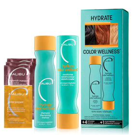 Malibu C front packaging showing hydrate color wellness collection and vibrant benefit