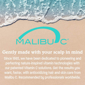 Malibu C ingredient label close-up emphasizing vegan proteins and vitamin C complex benefits
