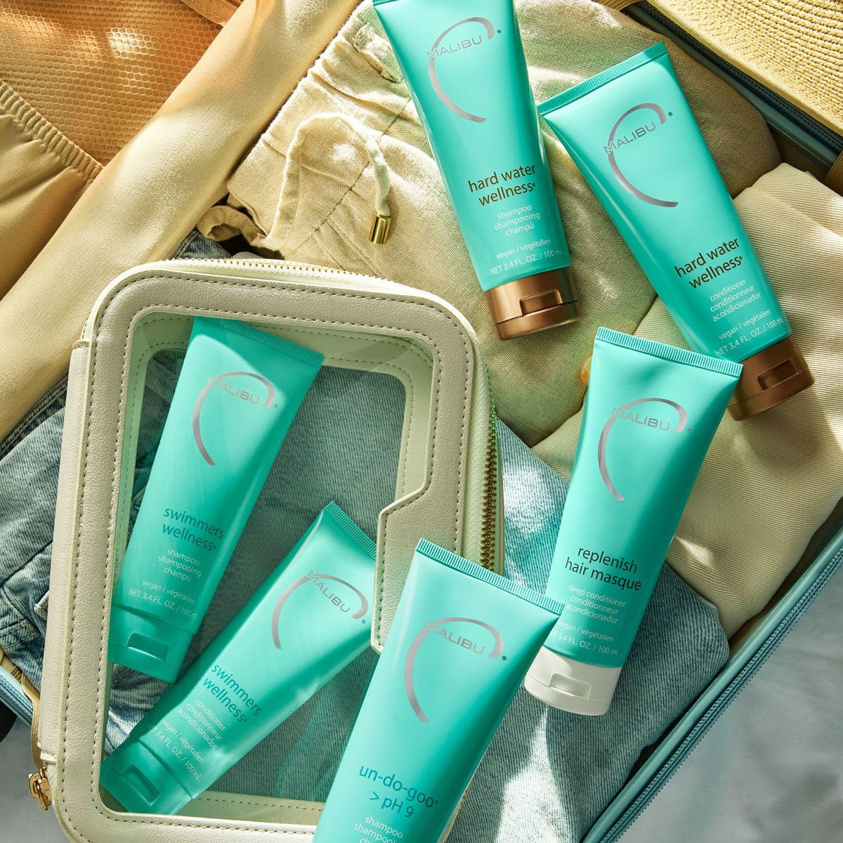 Malibu C on bathroom shelf styled for lifestyle appeal and eco-friendly benefits