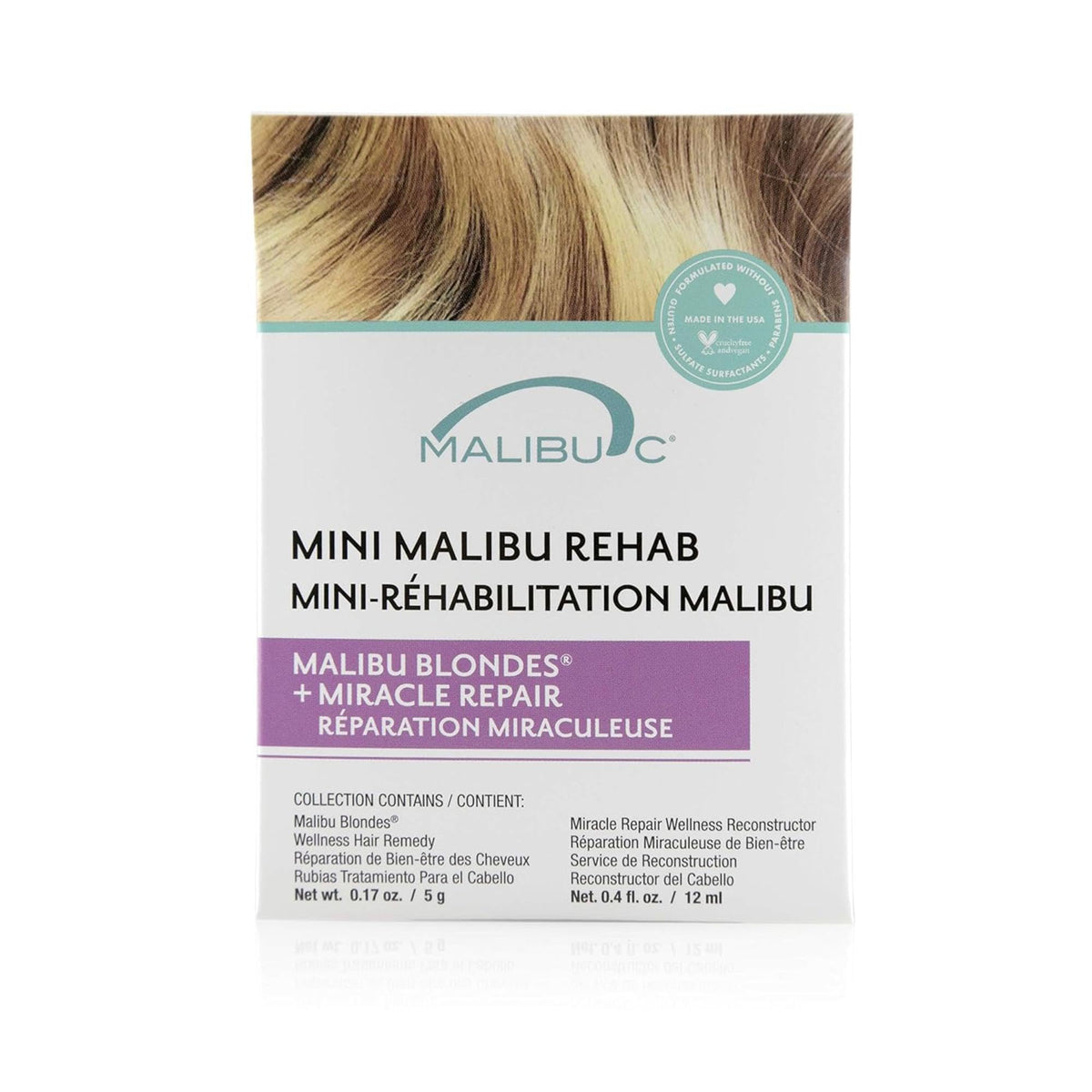 Malibu C open packet with purple crystals texture that tones brassiness