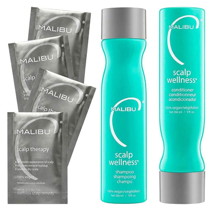 Malibu C front packaging showing full scalp wellness set and benefits