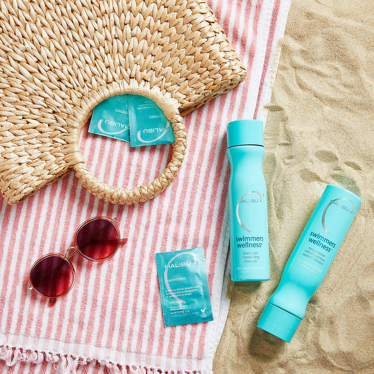 Malibu C bottle on swim gear rack, suggests poolside convenience for regular swimmers
