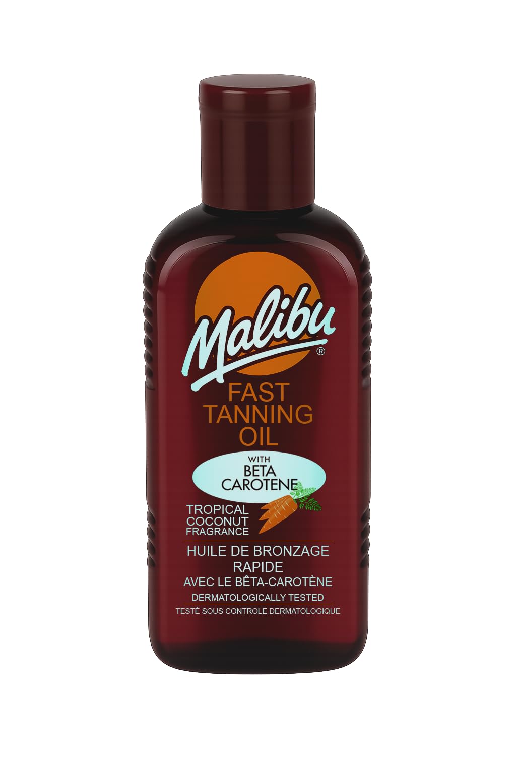 Malibu front packaging showing 200ml bottle and coconut scent benefit