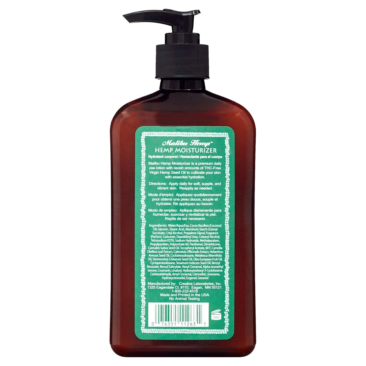 Malibu Hemp pump and label close-up, emphasizing easy dispensing and clarity