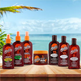 Malibu oil on model at beach demonstrating sun-ready, tropical fragrance