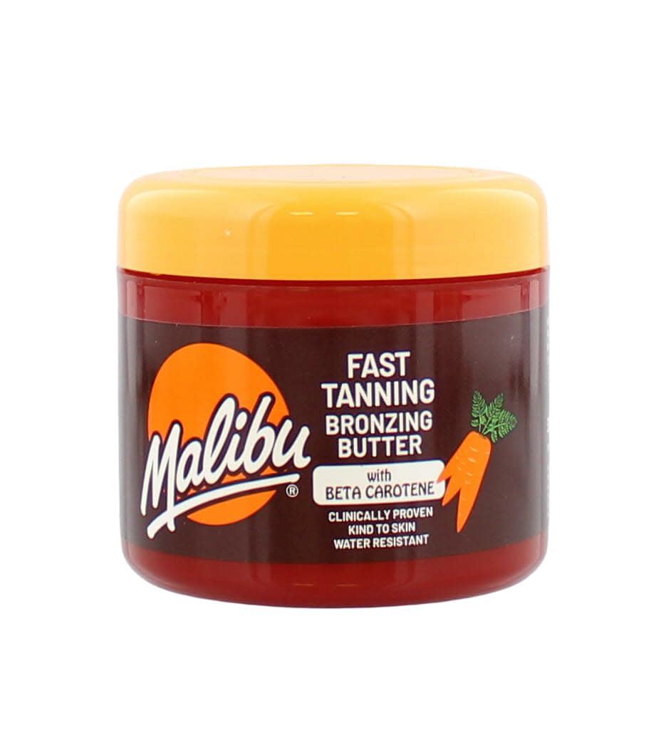 Malibu Sun front packaging showing bottle and brand, highlights quick tanning