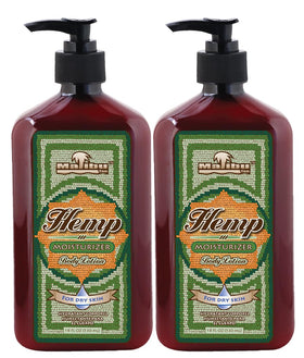Malibu Tan front packaging showing two 18 fl oz hemp lotion bottles for long-lasting hydration