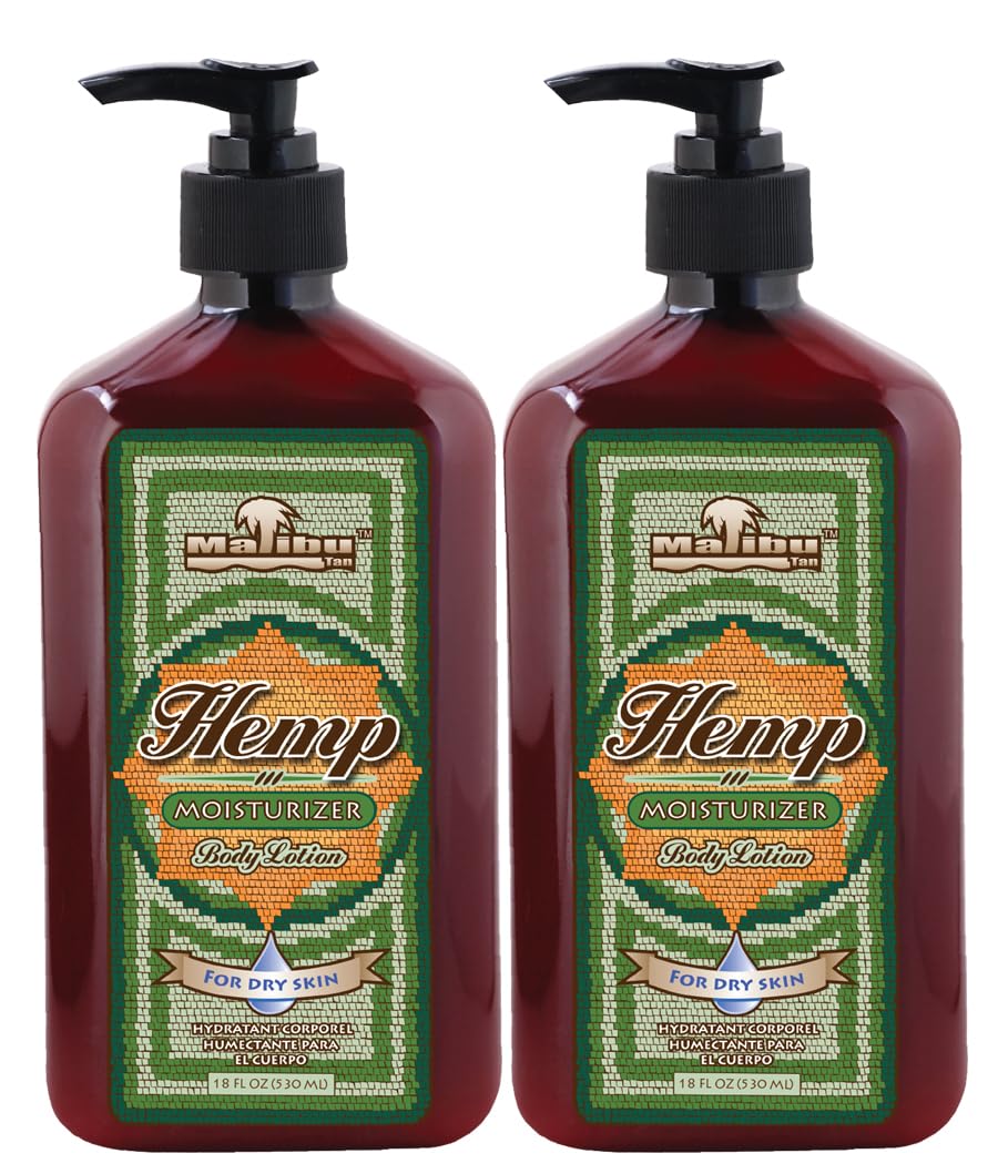 Malibu Tan front packaging showing two 18 fl oz hemp lotion bottles for long-lasting hydration