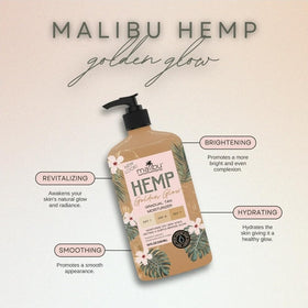Malibu Tan bottle beside towel showing large 18 fl oz size