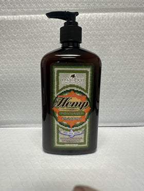 Malibu Tan label close-up highlighting hemp-derived components and moisturizing features