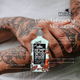 MalibuHemp Tan 18 fl oz bottle beside everyday items showing travel-ready convenience