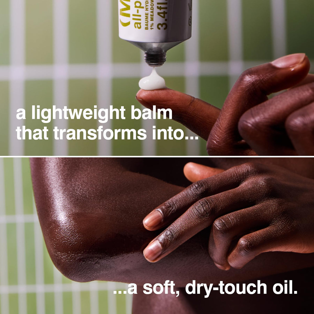 MALIN+GOETZ balm applied to hand demonstrating quick hydration and non-greasy feel