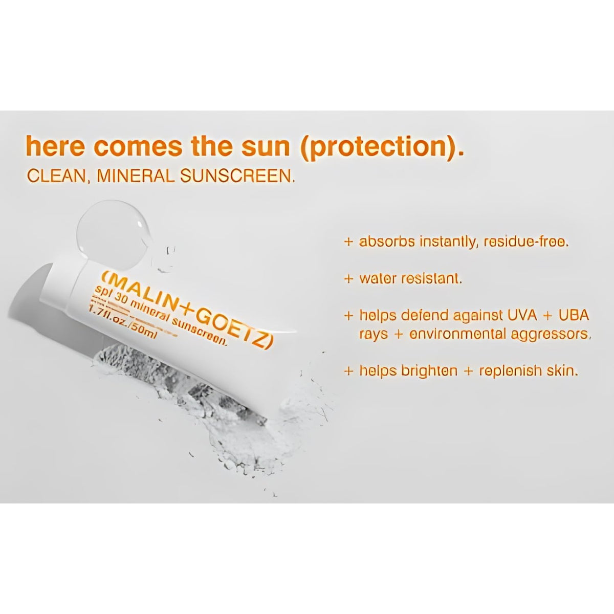 MALIN+GOETZ sunscreen being blended on a hand to show easy spreadability and quick satin finish