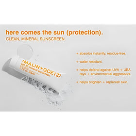 MALIN+GOETZ sunscreen being blended on a hand to show easy spreadability and quick satin finish