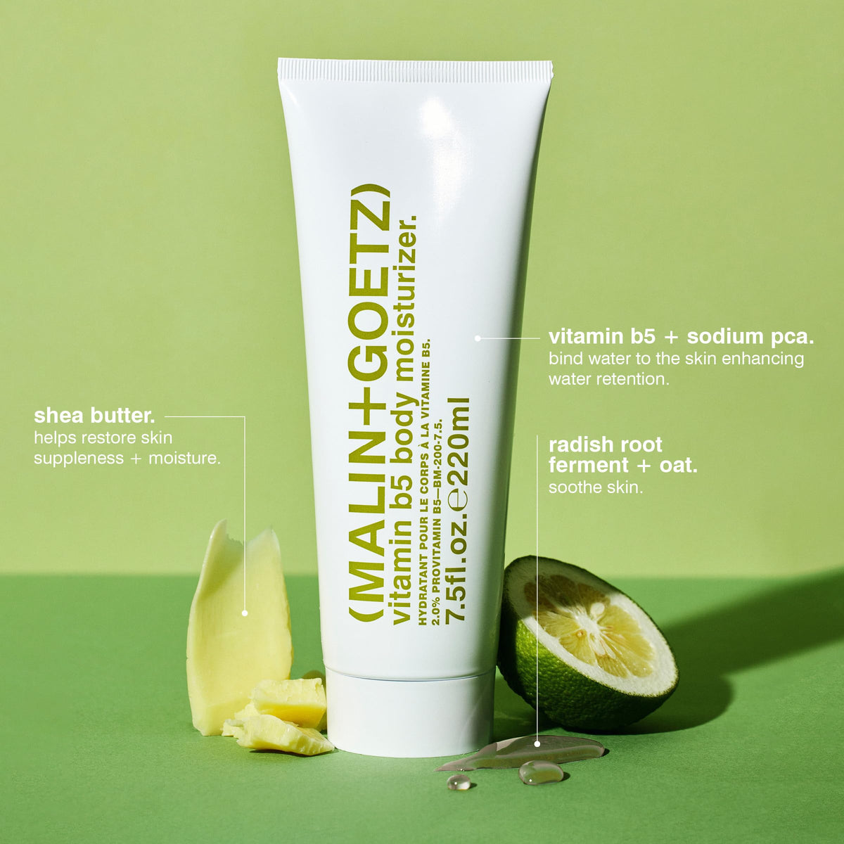 MALIN+GOETZ lotion texture close-up highlighting creamy absorbent finish for fast hydration