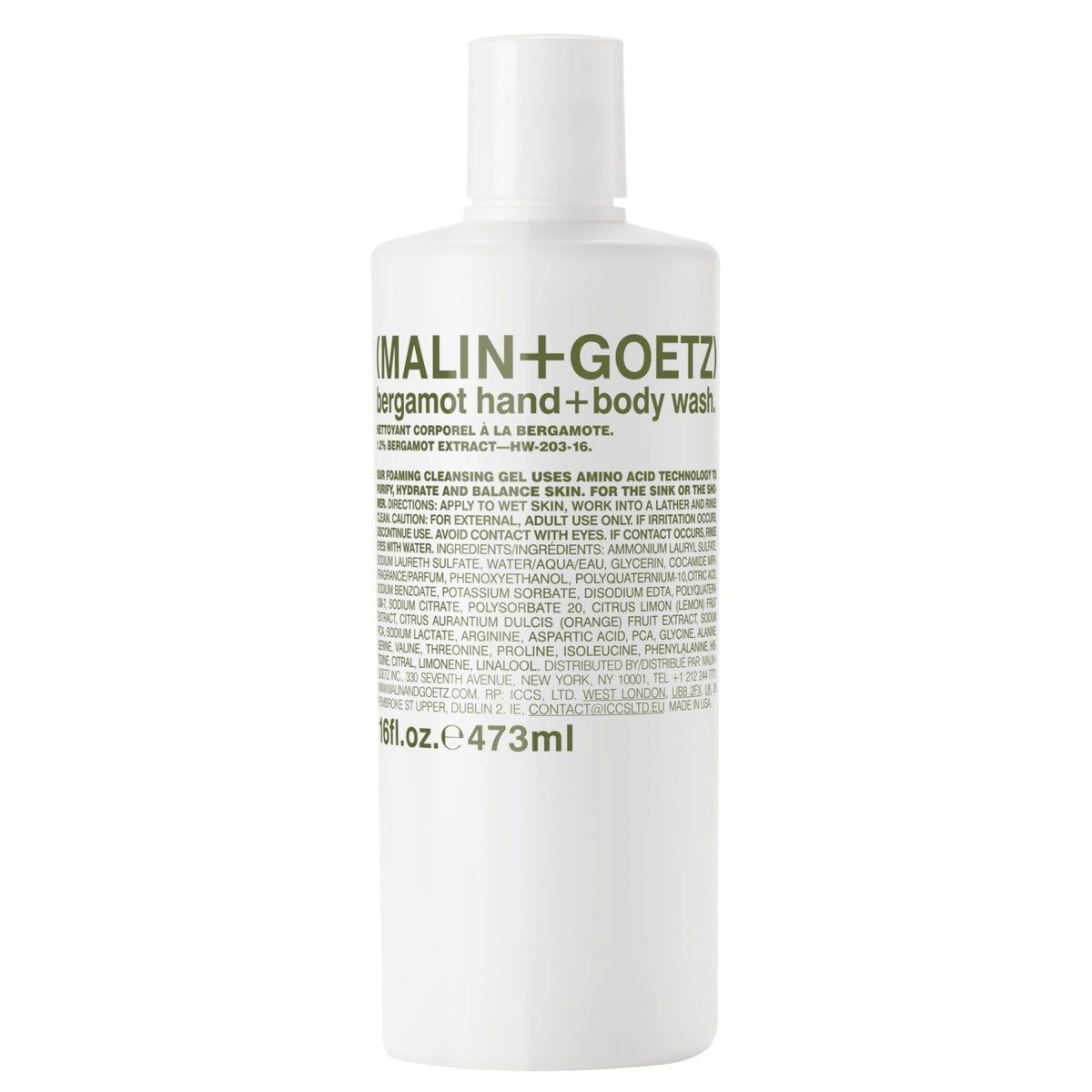 MALIN+GOETZ front bottle view showing minimalist design and bergamot scent benefit
