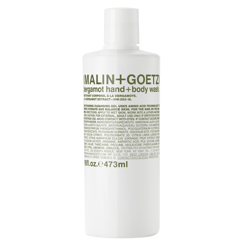 MALIN+GOETZ front bottle view showing minimalist design and bergamot scent benefit