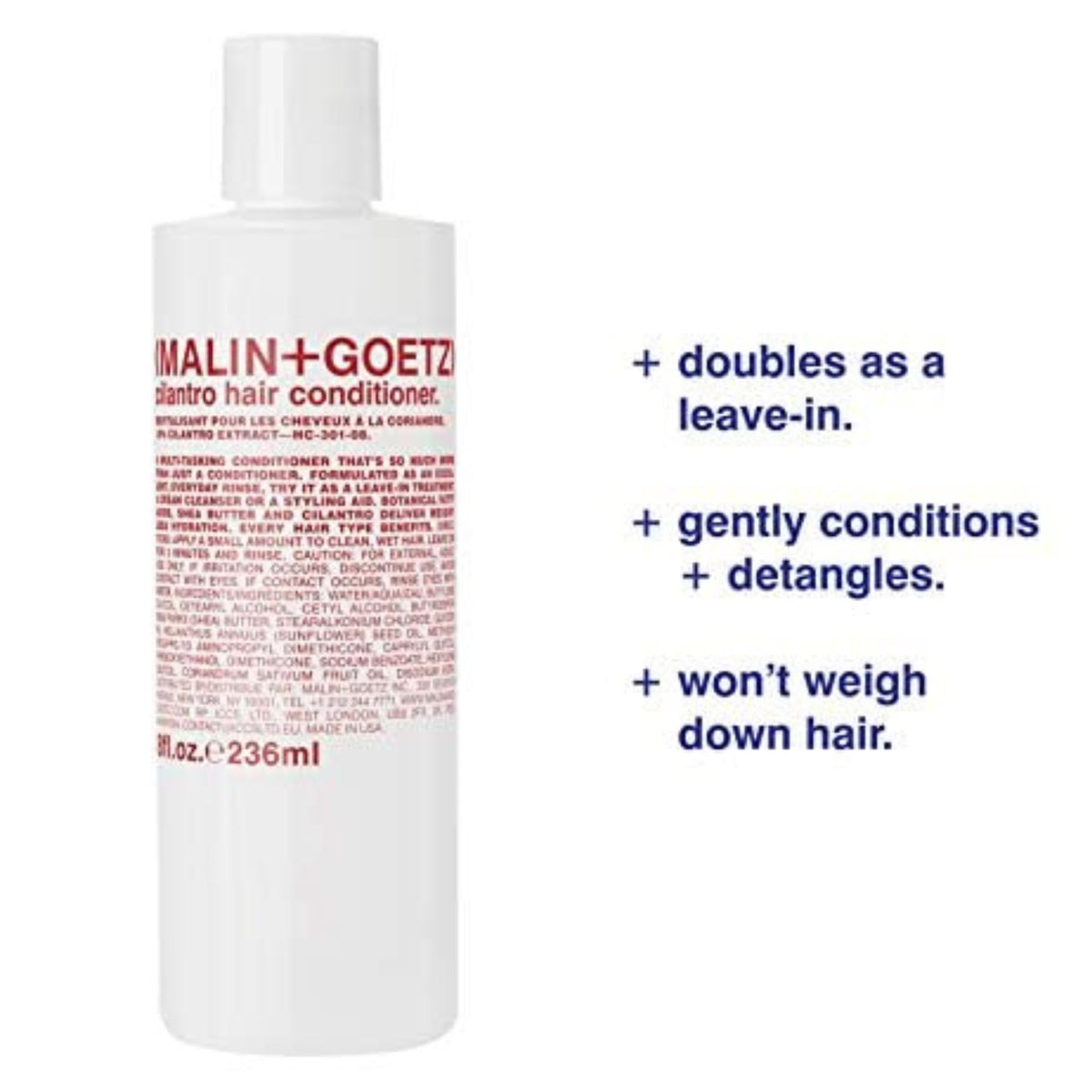 MALIN+GOETZ label close-up highlighting ingredients and simple packaging benefit