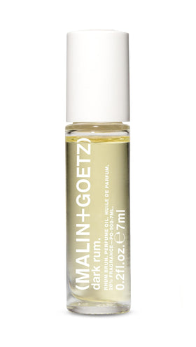 MALIN+GOETZ Dark Rum rollerball front view showing compact travel size and sleek label for convenience