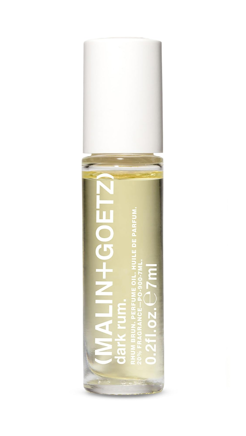 MALIN+GOETZ Dark Rum rollerball front view showing compact travel size and sleek label for convenience