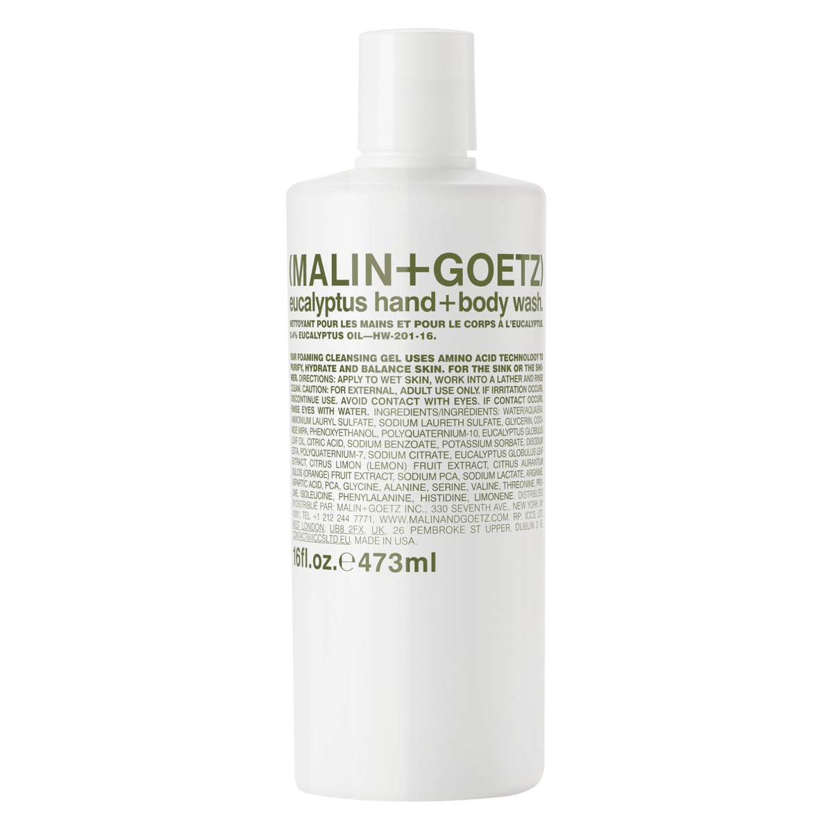 MALIN+GOETZ front bottle showing eucalyptus scent and clean design benefits daily use