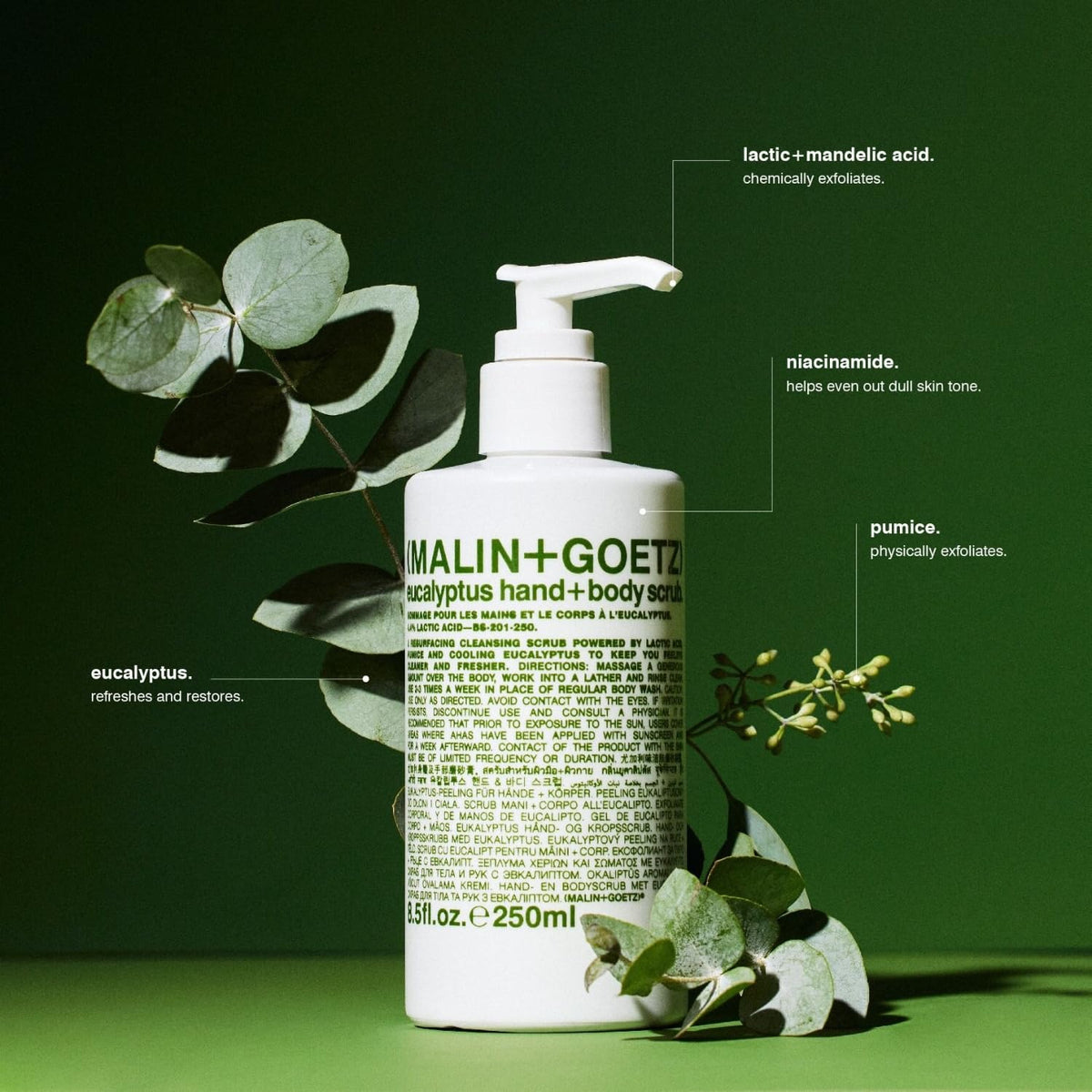 MALIN+GOETZ ingredient label view highlighting AHAs and niacinamide benefits