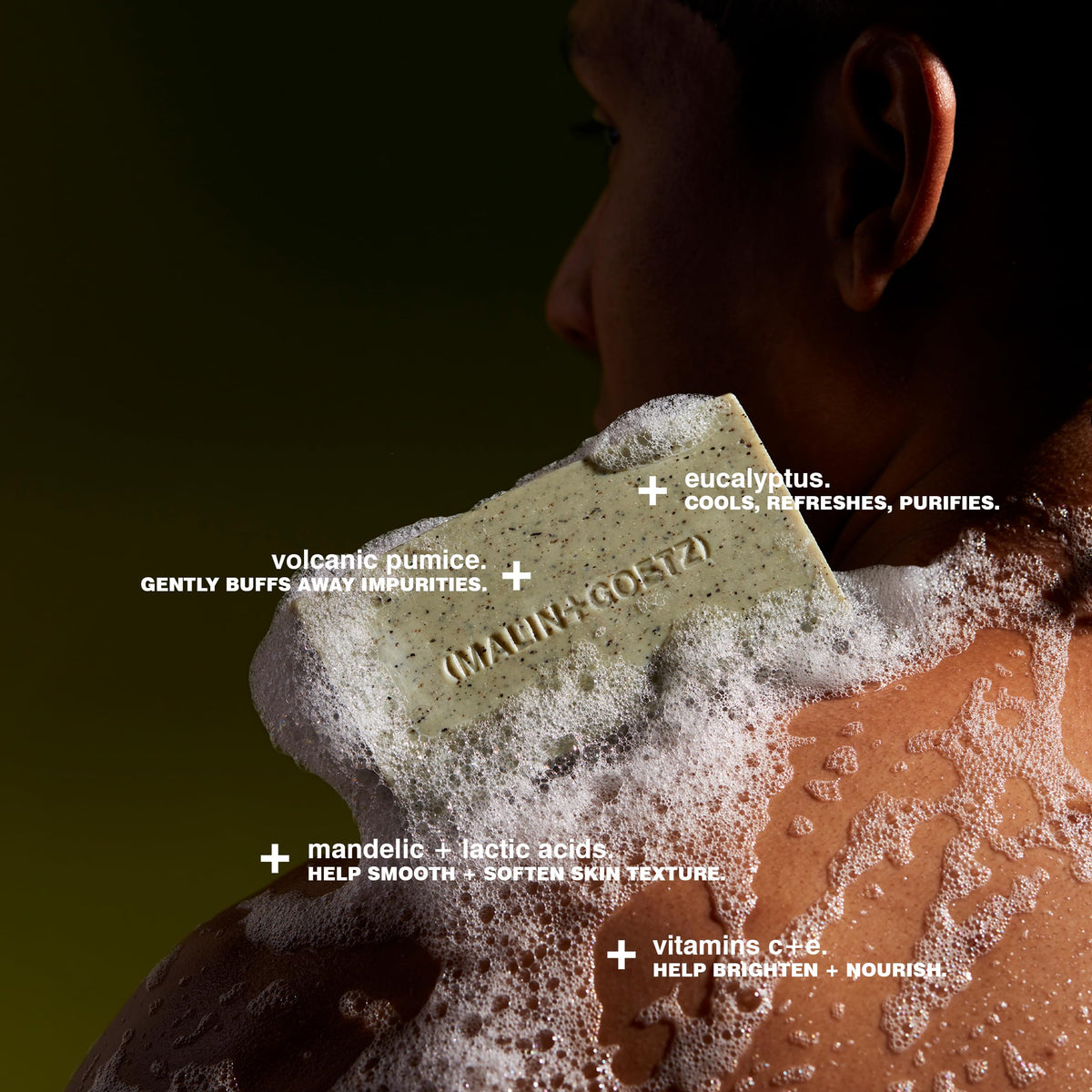 MALIN+GOETZ rich creamy lather close-up demonstrating long-lasting foam