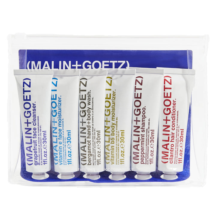 MALIN+GOETZ front kit packaging showing six travel tubes and label benefits