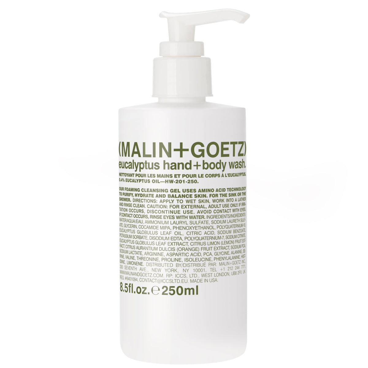 MALIN+GOETZ front bottle view showing eucalyptus wash and clean design benefits