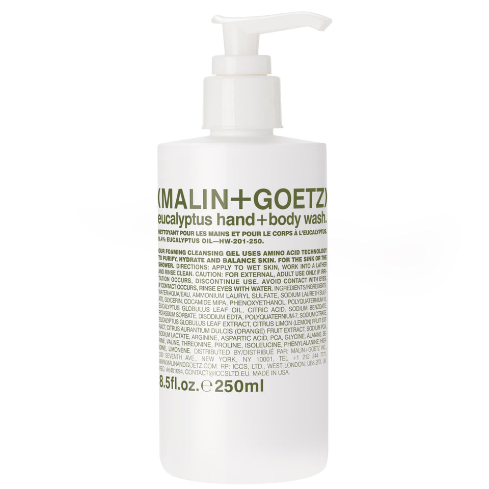 MALIN+GOETZ front bottle view showing eucalyptus wash and clean design benefits