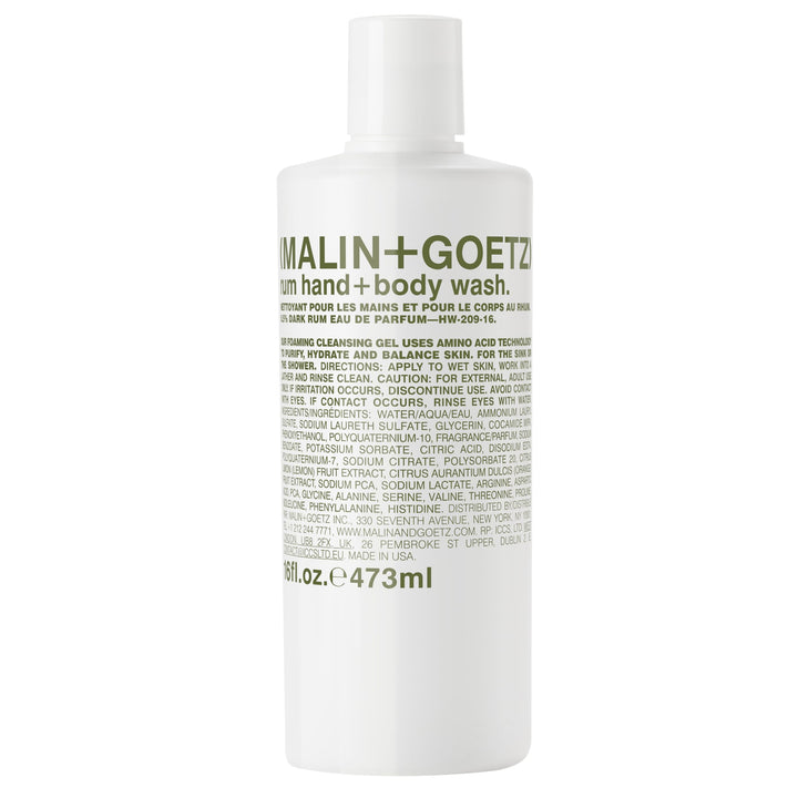 MALIN+GOETZ bottle front packaging showing minimalist label and 16 fl oz volume benefit